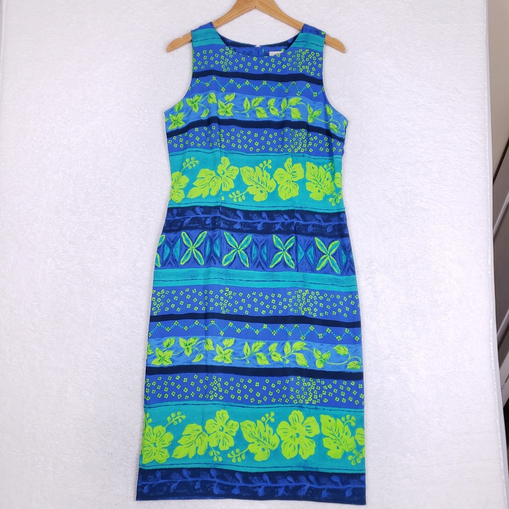Kathie Lee Collection Vintage 90s Dress Womens 8 Tropical Hibiscus Floral Blue